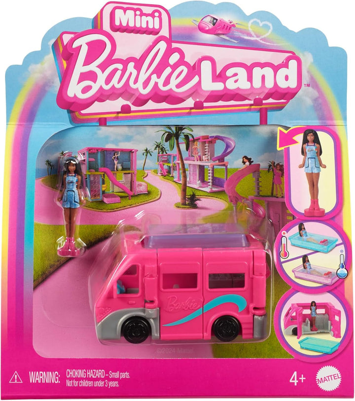 Barbie Mini Barbieland set de păpuși și vehicule de jucărie, păpușă de 1,5 inci și vehicul de jucărie iconic cu surpriză care își schimbă culoarea, HYF43