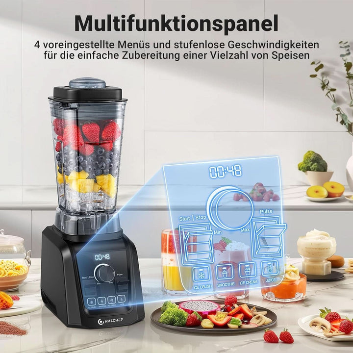 AMZCHEF 4-IN-1 Standmixer Hochleistungsmixer - 2L Standmixer Mit 3D Klingen Crush in Sekunden Technologie Für Shakes, Smoothies, Eis Crushen, Mahlen - 32000 UPM Blender Mixer Für Die Küche | Schwarz