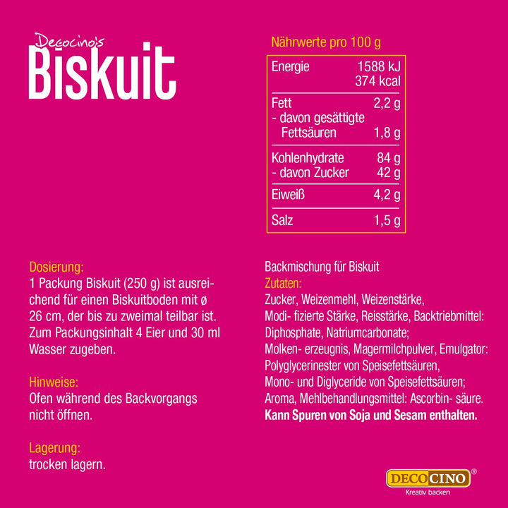 DECOCINO Biskuit Backmischung Set (3X250 G) – Einfache Zubereitung – Gelingsicher – Zum Backen Von Luftigen Biskuitböden, Creme-Torten, Biskuitrollen Uvm.