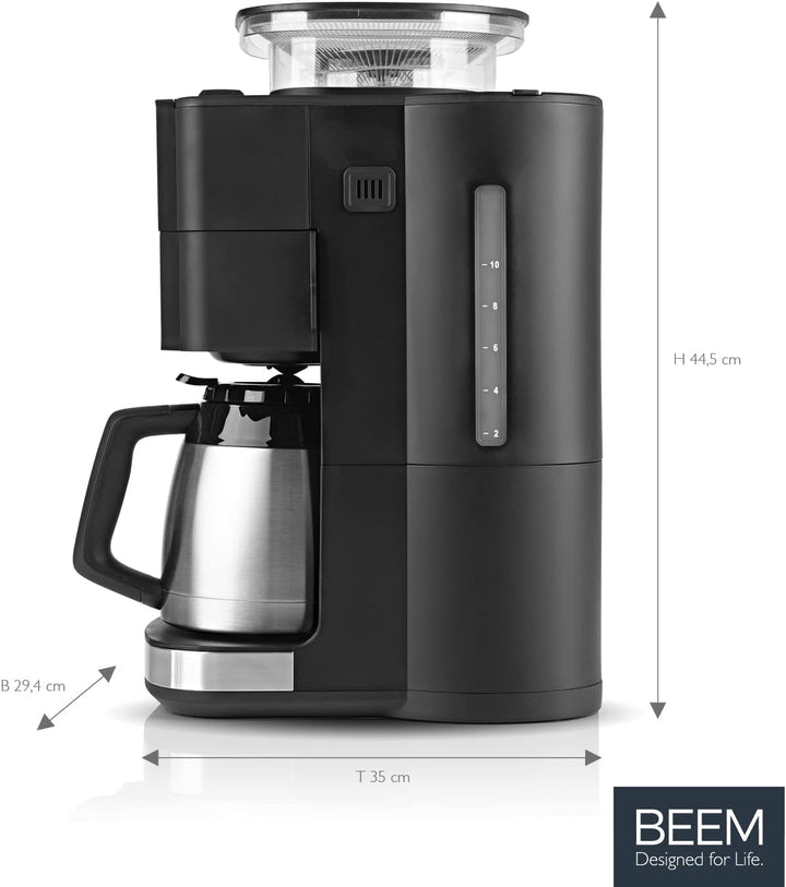 Espressor cu filtru BEEM FRESH-AROMA-PERFECT III cu râșniță - Thermo | Oțel inoxidabil | Cu vas izolat și funcție Aroma Plus | Filtru permanent și temporizator de 24 de ore | 1000 W | Până la 10 cești