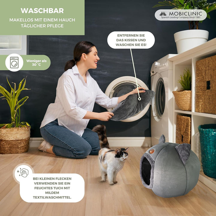 Mobiclinic® Pets, Pat pentru pisici, Cuib tip peșteră, Hellocatty, Lavabil la mașină, Ușor de pliat și depozitat, Antiderapant, Pernă detașabilă confortabilă, Spumă 25D, Design modern
