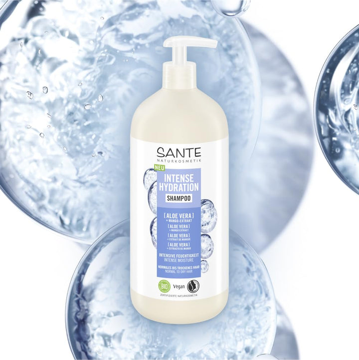 SANTE Naturkosmetik Intense Hydration Shampoo Aloe Vera + Mango-Extrakt, Veganes Pflegeshampoo Mit Pumpspender, Stärkt Und Hydratisiert Trockenes Haar, 950 Ml