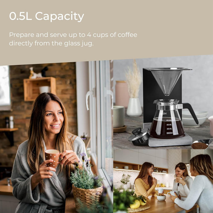 Set cafetieră BEEM Pour Over - 4 cești | Filtru permanent din oțel inoxidabil (mărimea 2), carafă din sticlă de 0,5 l, bază din beton | Preparare manuală a cafelei pentru o aromă deosebit de delicată de cafea