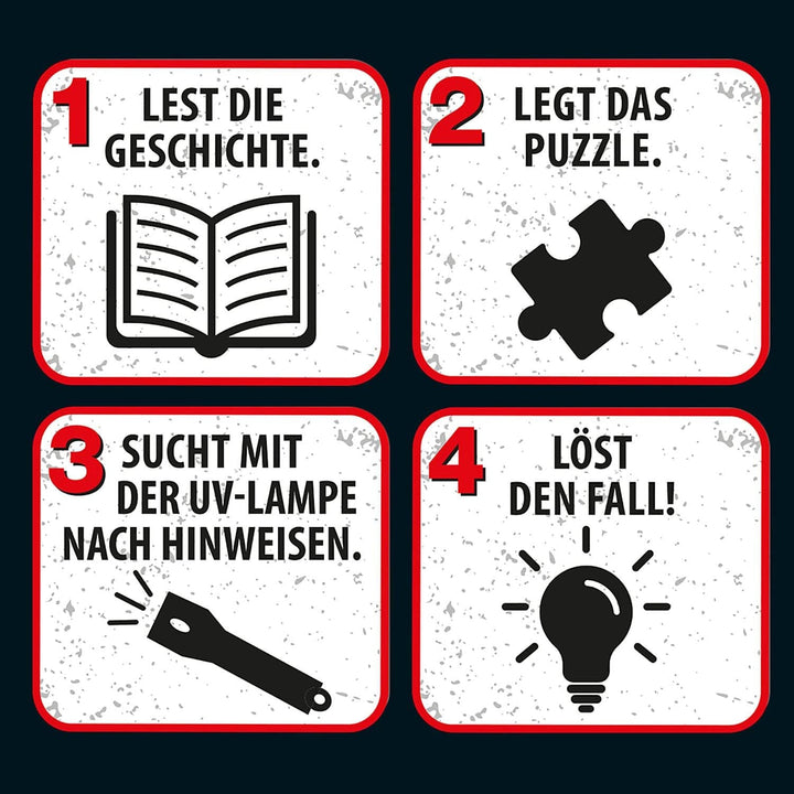 The Three ??? - Crime Puzzle - The Villa of the Puzzles By KOSMOS 697976, 300 piese, Strălucește în întuneric, Cu lampă UV, Citire, Puzzle, Rezolvarea puzzle-urilor, Puzzle detectiv De la 10 ani