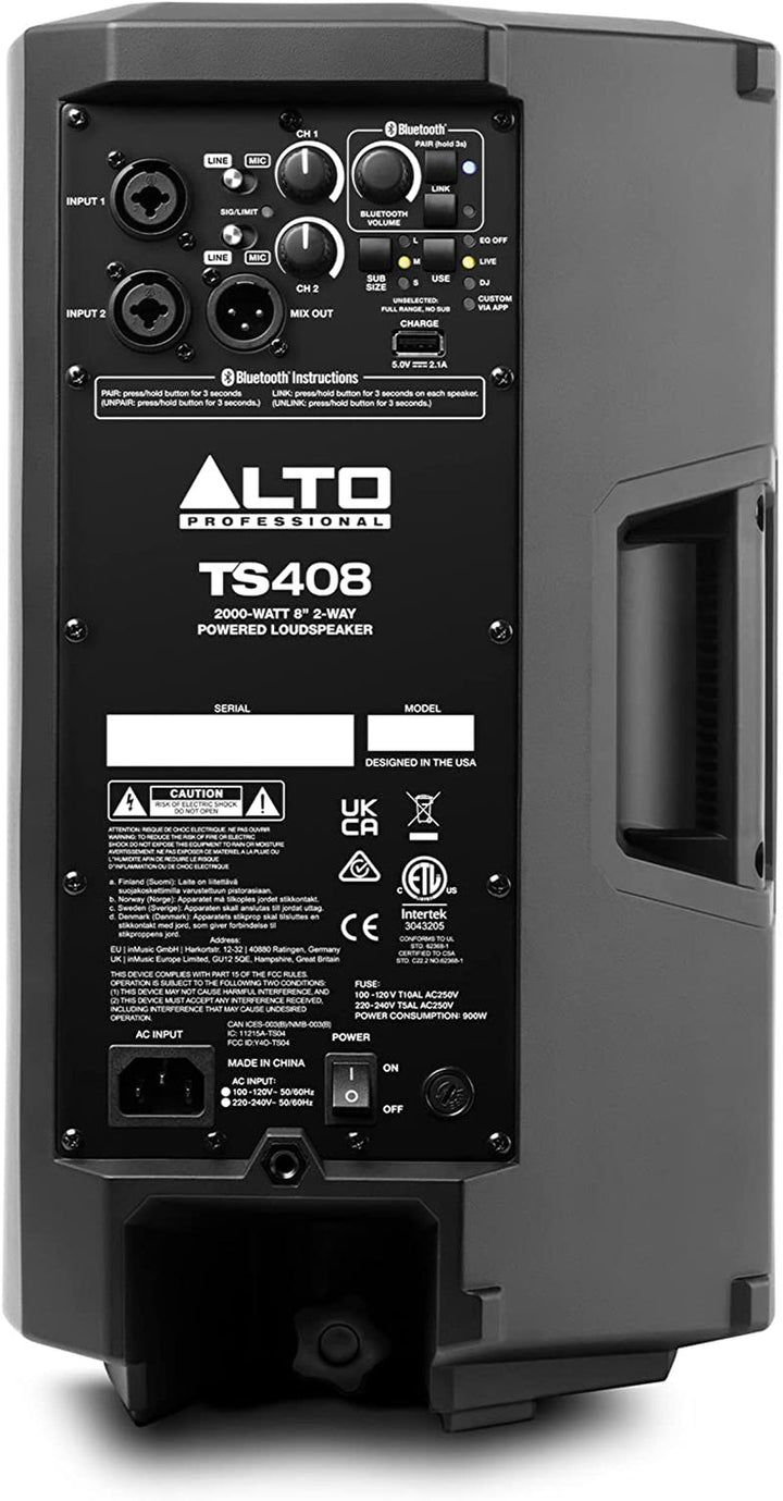 Alto Professional TS408 - 2000W 8 inch Active Pa Speaker cu 3 canale Mixer, Bluetooth Streaming, Wireless Speaker Pairing, DSP și Alto App