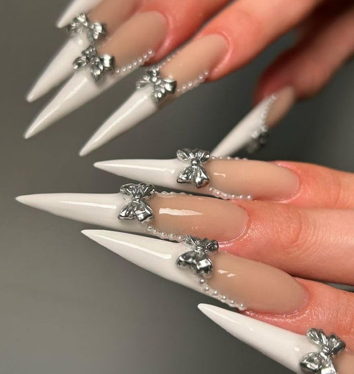 Mouyouglow Unghii lungi, Stiletto, alb lăptos, gradient roz, sclipici, cool, unghii false cu lipici, unghii artificiale roz Ombre sclipici