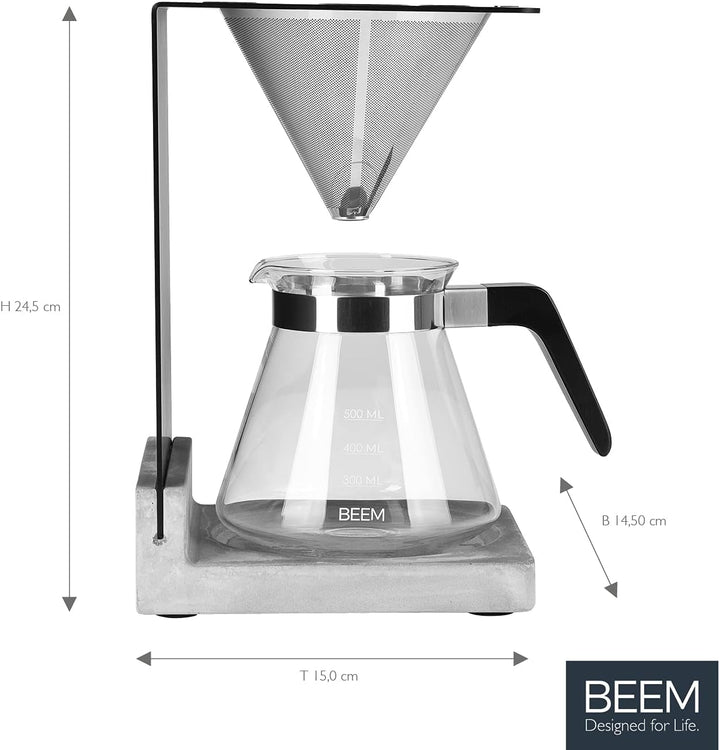 Set cafetieră BEEM Pour Over - 4 cești | Filtru permanent din oțel inoxidabil (mărimea 2), carafă din sticlă de 0,5 l, bază din beton | Preparare manuală a cafelei pentru o aromă deosebit de delicată de cafea