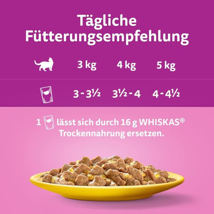 Whiskas 1 + Cat Food Poultry Selection in Jelly, 12X85G (4 pachete) - Hrană umedă de înaltă calitate pentru pisici adulte în 48 de plicuri
