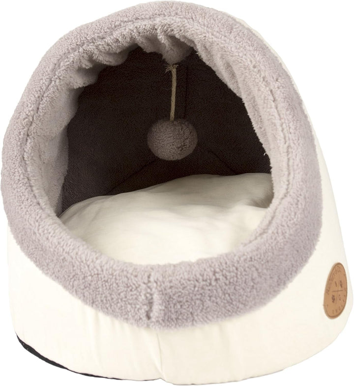 Pat de lux pentru pisici, gri, cu imitație de piele de oaie, jucărie agățată integrată și pernă detașabilă și lavabilă pentru pisici