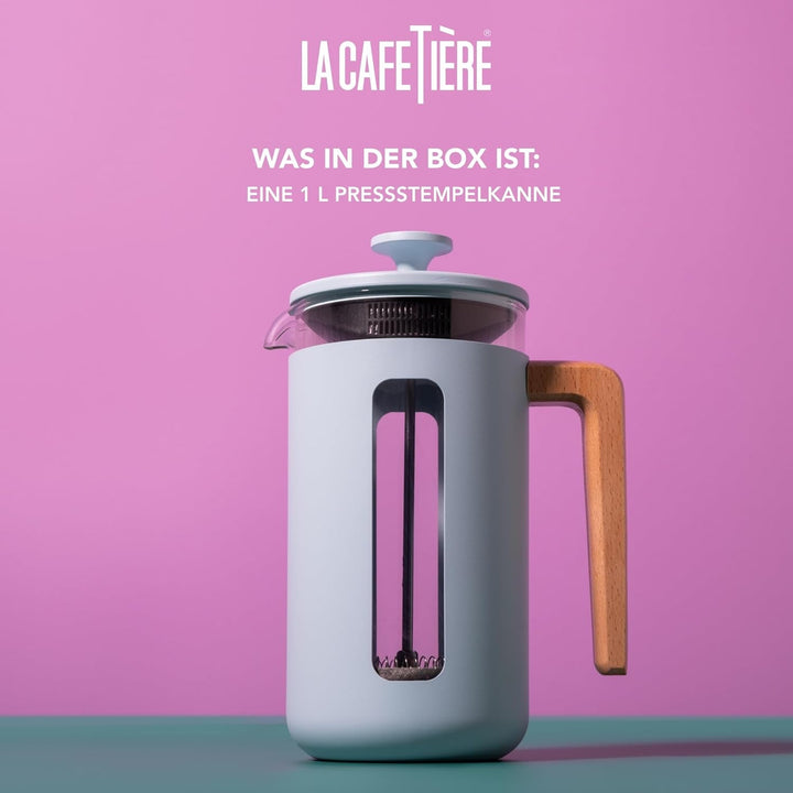 Cafetieră La Cafetière Pisa pentru 8 căni, albastru deschis, piston durabil din oțel inoxidabil, presă franceză rezistentă la căldură cu mâner elegant din lemn natural, versatilă pentru cafea și ceai, 1 l