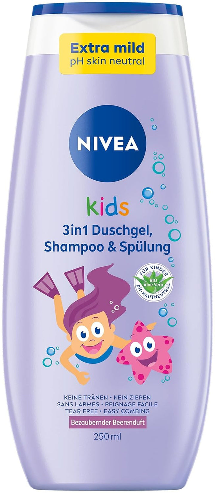 Gel de duș, șampon și balsam NIVEA KIDS 3in1, îngrijire și curățare pentru copii cu un parfum magic de mere, extra blând, îngrijire fără săpun pentru păr și piele pentru copii (250 ml)