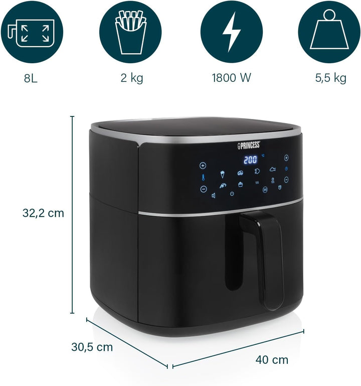 Princess Digitale Heißluftfritteuse – Füllmenge Des Behälters Variierbar – 8 L Maximal – 6 Voreinstellbare Programme – Weniger Öl – Digitaler Display – 182254