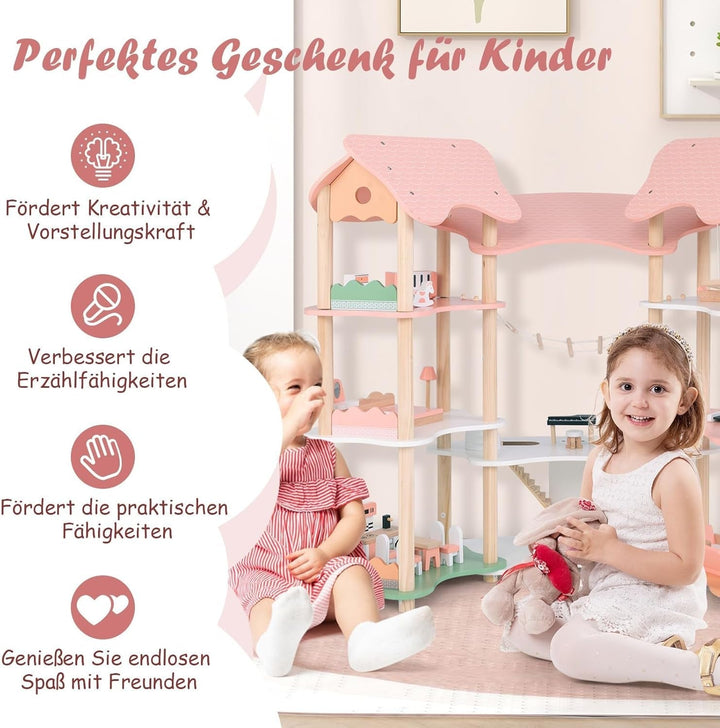 Casă de păpuși din lemn FANTASK, casă de păpuși de 85 cm înălțime 7 camere cu 32 de mobilier și accesorii, vilă de păpuși cu scară de frânghie, cadou de casă de păpuși pentru fete de la 3 ani (Model 3)