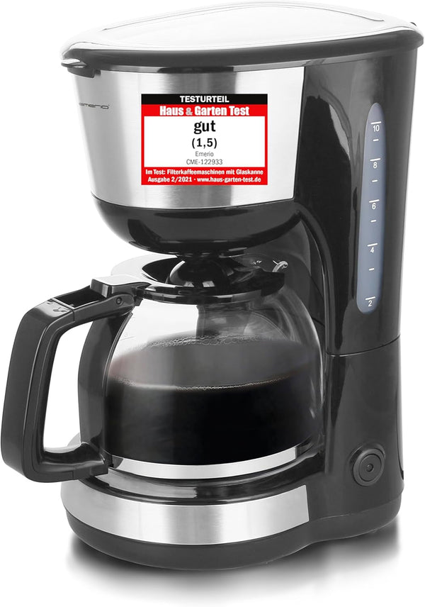 Emerio CME-122933, Cafetieră cu filtru, 1,25 l pentru până la 10 cești de cafea proaspătă, filtru permanent detașabil, funcție anti-picurare, cafetieră din sticlă, oprire automată, 1000 wați, negru/argintiu