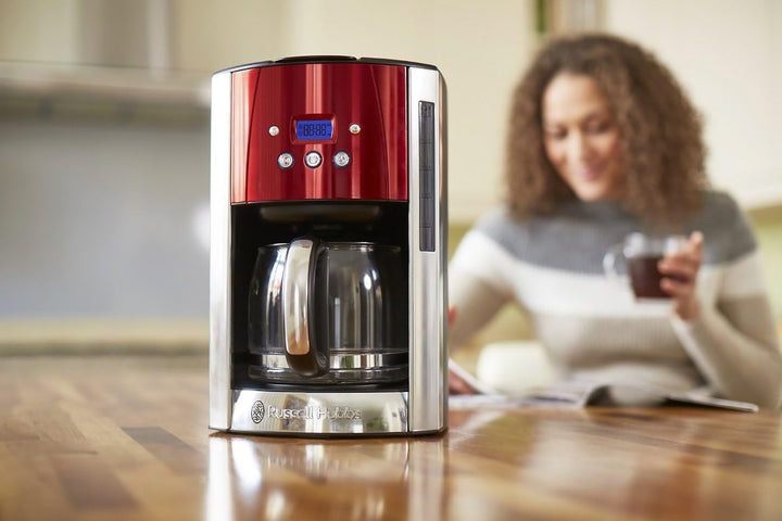 Russell Hobbs 23240-56 Luna Solar Red Digital Glass, Tehnologie cu cap de duș, Sistem de încălzire rapidă, Cafetieră, Oțel inoxidabil/Plastic, 1,5 litri, Roșu