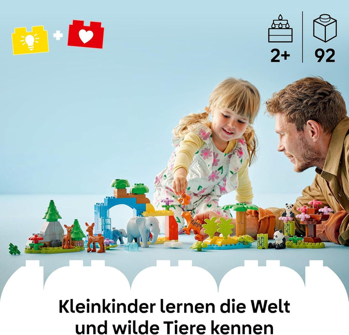 Set LEGO DUPLO Town Wild Animal Families 3-in-1, jucărie educativă pentru copii mici cu țestoase, tigri, elefanți, căprioare, panda, set pentru preșcolari de la 2 ani, jucărie de construit cu figuri de animale 10446