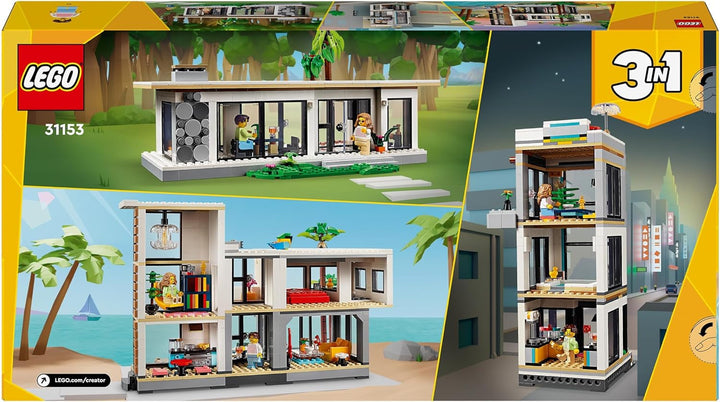 LEGO Creator Modern House, set 3 în 1 pentru a converti într-o casă de oraș sau o cabană în pădure, model de casă, idee de cadou pentru băieți și fete de la 9 ani, jucărie educativă 31153