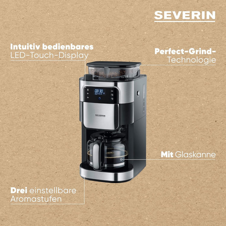 Espressor SEVERIN cu râșniță, espressor cu carafă de sticlă și funcție de cronometru, disponibil și ca espressor la filtru, pentru până la 10 cești de cafea, 1000 wați, negru/oțel inoxidabil, KA 4813