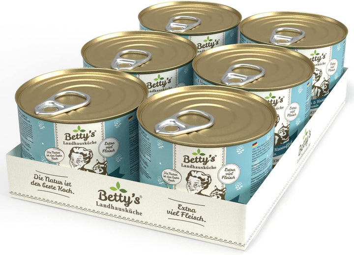 Betty'S Landhausküche cutie de hrană umedă pentru pisici, Fără cereale, Cea mai bună calitate, Carne de înaltă calitate, Gently cooked, Potrivit pentru toate rasele de pisici, Pui și fazan cu ulei de borangic 6 X 200 G