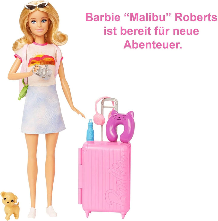 Păpușă Barbie, Travel Barbie cu păr blond, 10+ accesorii de călătorie, autocolante, valiză, cățeluș, incl. 1 păpușă, cadou pentru copii, jucărie de la 3 ani,Hjy18