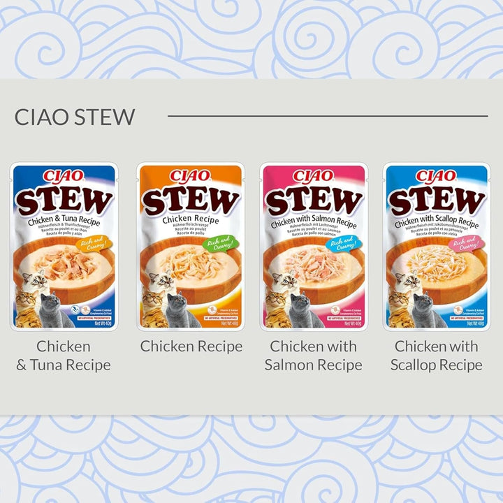 INABA Ciao Stew Hrană umedă pentru pisici 86% umiditate și vitamina E, supă premium pentru pisici cu pui și scoici 40 G (pachet de 12), 100% carne naturală, fără cereale, fără zahăr