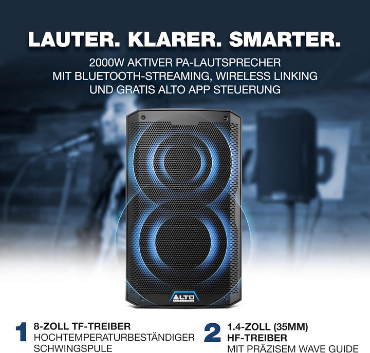 Alto Professional TS408 - 2000W 8 inch Active Pa Speaker cu 3 canale Mixer, Bluetooth Streaming, Wireless Speaker Pairing, DSP și Alto App