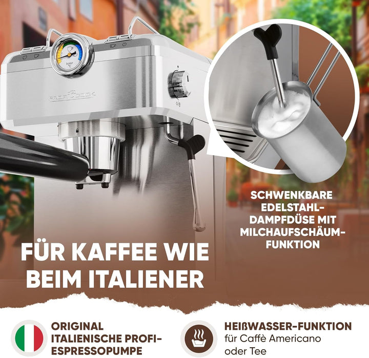 Espressor Proficook | Espressor inclusiv portafiltru | Pompă espresso profesională italiană 20 bar | Pentru cafea măcinată și capsule compatibile Nespresso | Portafiltru pentru espressor | PC ES 1267