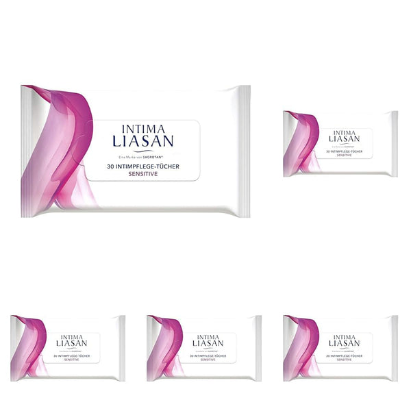 Intima Liasan by Sagrotan Șervețele de îngrijire intimă sensibile, fără săpun și fără alcool, 30 bucăți (pachet cu 5)