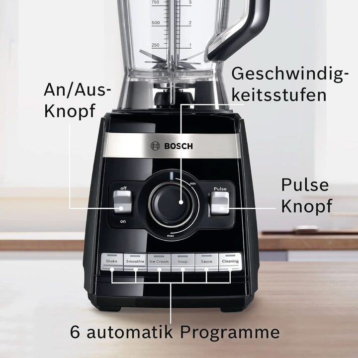 Bosch Standmixer Vitaboost MMBH6P6BDE, 6-Klingen-Edelstahlmesser, 2,5L Tritan-Mixbehälter, Stopfer, 6 Automatikprogramme, Rezeptbuch, Bpa-Frei, Einfache Reinigung, 45,000 U/Min, 1600 W, Schwarz