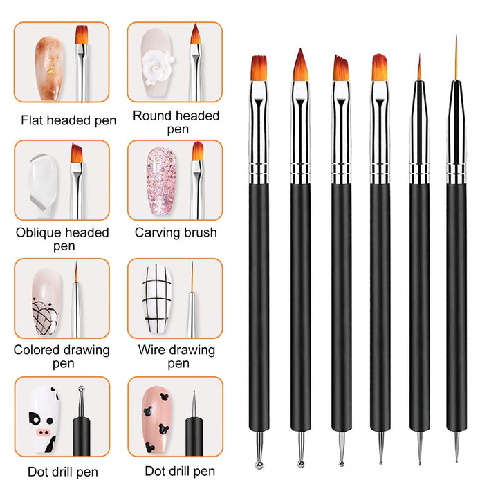 6 Stück Doppel-Ende Nagel Pinsel, Nageldesign Pinsel, Doppel-Ende Nail Art Pinsel Kit Professionelle Maniküre Werkzeuge Kit（Schwarz）