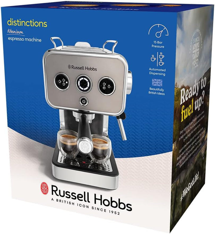 Espressor Russell Hobbs [Portafiltru] Distinction Oțel Inoxidabil Titan (15 bar, inserție pentru 1 și 2 căni, tampoane ESE, dozare automată și opțiune manuală, duză de abur pentru apă fierbinte și spumă de lapte) 26452-56