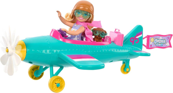 Barbie Chelsea Plane Doll And Playset - păpușă pilot, avion, mâner și accesorii pentru povești, roți de rulare și elice cu picior de floare, vârsta 3+, HTK38