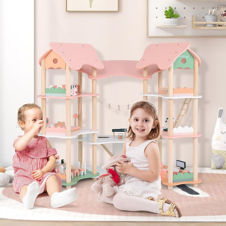Casă de păpuși din lemn FANTASK, casă de păpuși de 85 cm înălțime 7 camere cu 32 de mobilier și accesorii, vilă de păpuși cu scară de frânghie, cadou de casă de păpuși pentru fete de la 3 ani (Model 3)