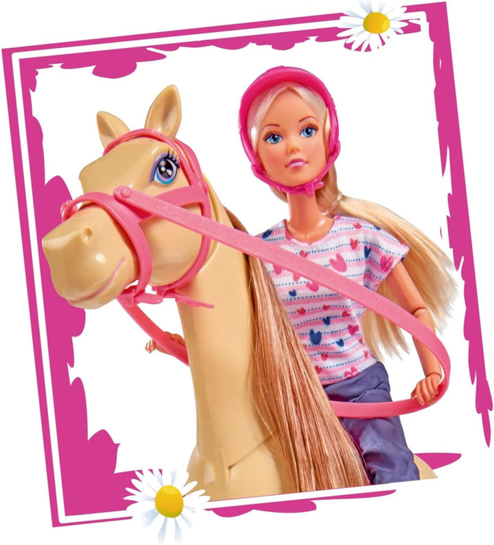 Simba 105730939 - Steffi Love Riding Tour, În costum de călărie, Cu 2 cai, Păpușă complet articulată, Păpușă dress-up, 29cm, Pentru copii de la 3 ani în sus