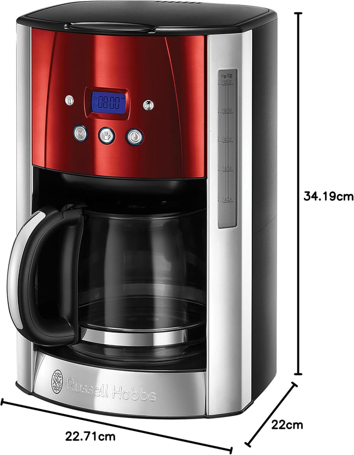 Russell Hobbs 23240-56 Luna Solar Red Digital Glass, Tehnologie cu cap de duș, Sistem de încălzire rapidă, Cafetieră, Oțel inoxidabil/Plastic, 1,5 litri, Roșu
