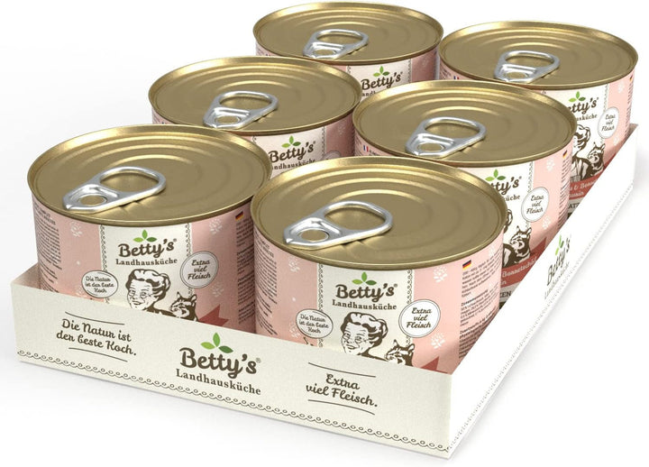 Betty'S Landhausküche cutie de hrană umedă pentru pisici, Fără cereale, Cea mai bună calitate, Carne de înaltă calitate, Gently cooked, Potrivit pentru toate rasele de pisici, Pui și fazan cu ulei de borangic 6 X 200 G