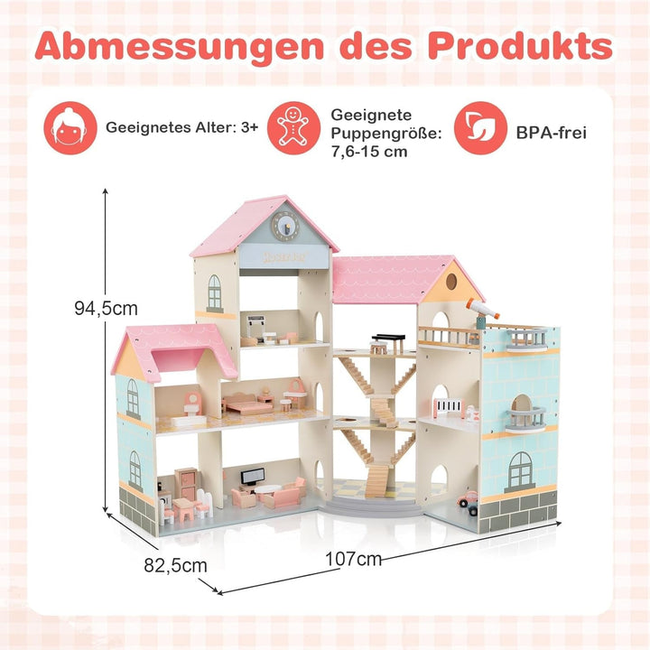 Casă de păpuși din lemn FANTASK, casă de păpuși 94 cm înălțime cu 41 de piese de mobilier și accesorii, vilă de păpuși cu 6 camere, terasă și garaj, cadou pentru fete de la 3 ani Casute de papusi Naty Shop