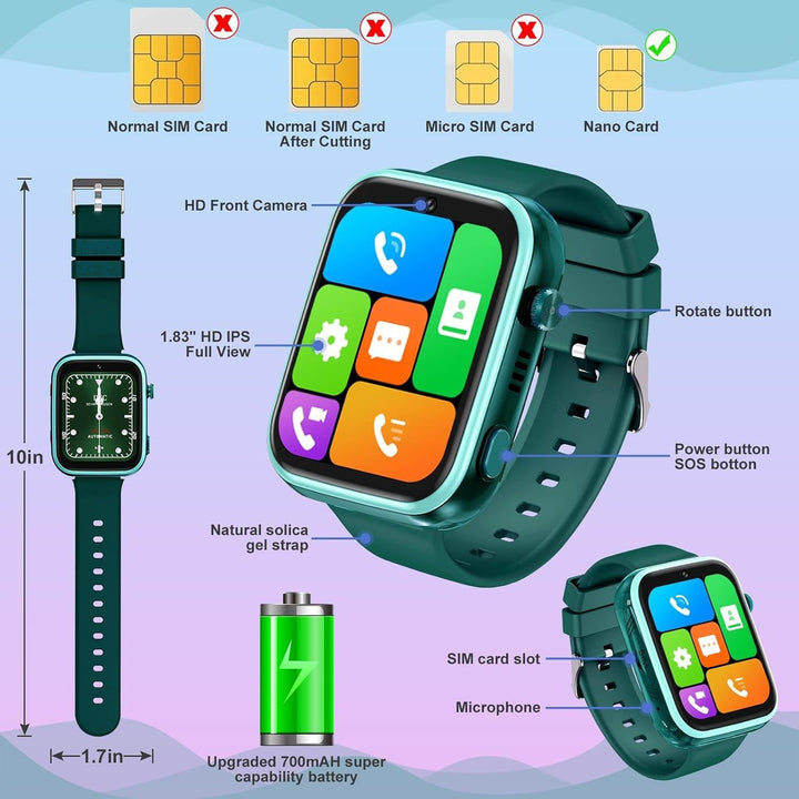4G smartwatch pentru copii, GPS tracker, mai multe stiluri de desktop pentru a alege de la, apeluri bidirecționale, competență imagine, SOS, Wi-Fi, touchscreen rezistent la apă pentru 4-12 băieți și fete (T45 Green)