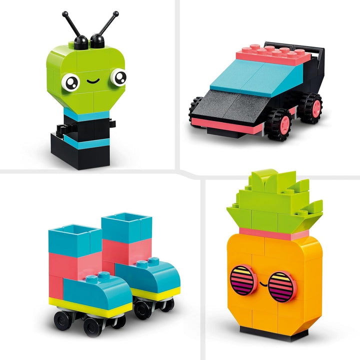 LEGO 11027 Classic Neon Creative Building Set, Brick Box Set, Jucărie de construcție cu modele: mașină, ananas, extraterestru, patine cu rotile, figuri și multe altele, pentru copii de la 5 ani în sus