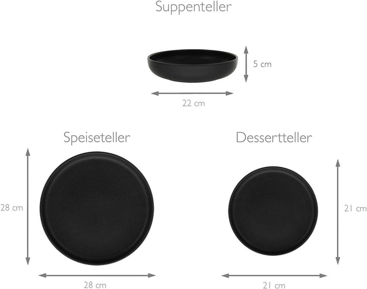 Creatable, 22979, Serie Uno BLACK, 12-Teiliges Geschirrset, Teller Set Aus Steinzeug, Spülmaschinen- Und Mikrowellengeeignet, Made in Portugal