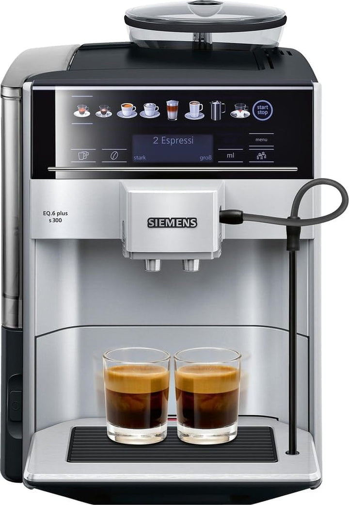 Aparat de cafea complet automat SIEMENS EQ6 plus S300 TE653501EN, Pentru multe specialități de cafea, spumă de lapte, râșniță ceramică, funcție de cupă dublă, anticalcar, curățare automată cu abur, 1500 W, Argint