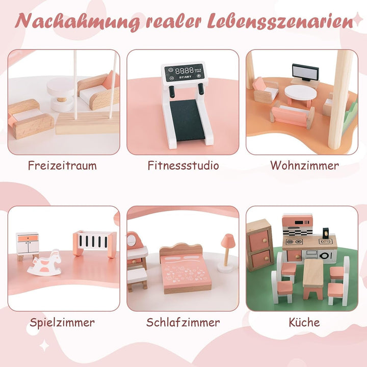 Casă de păpuși din lemn FANTASK, casă de păpuși de 85 cm înălțime 7 camere cu 32 de mobilier și accesorii, vilă de păpuși cu scară de frânghie, cadou de casă de păpuși pentru fete de la 3 ani (Model 3)