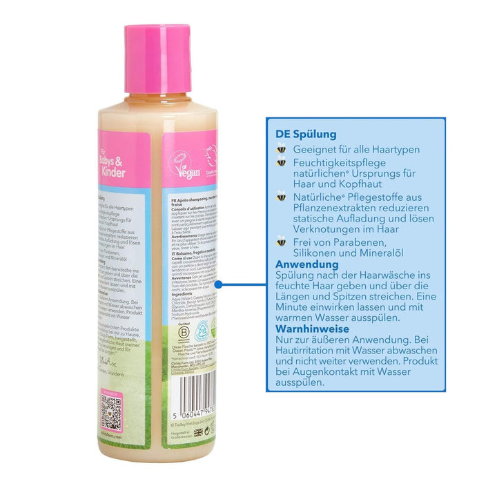 Balsam Childs Farm pentru copii 250 ml | Căpșuni și mentă organică | Toate tipurile de păr | Hrănește și hrănește | Potrivit pentru pielea uscată, sensibilă și predispusă la neurodermatită