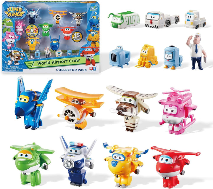 Super Wings Transform-A-Bots World Airport Crew - Seria 1 - Crew Collector's Pack - 15 figuri de jucărie - Figuri de 5,1 cm