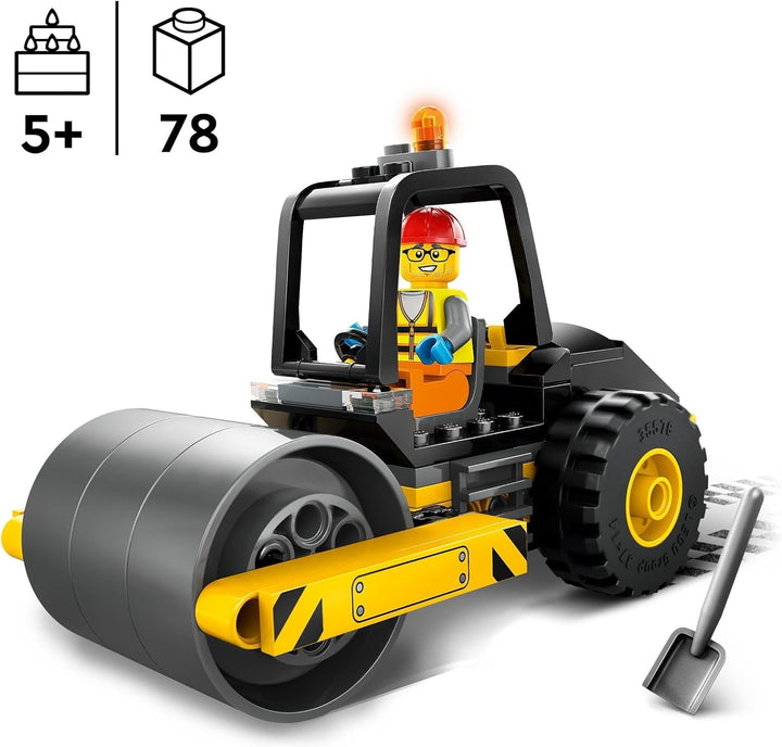 LEGO City Road Roller, vehicul de șantier pentru copii de la 5 ani, jucărie cu role cu aburi cu minifigurină de muncitor în construcții, experiență de joacă imaginativă pentru băieți și fete, mic, cadou distractiv 60401