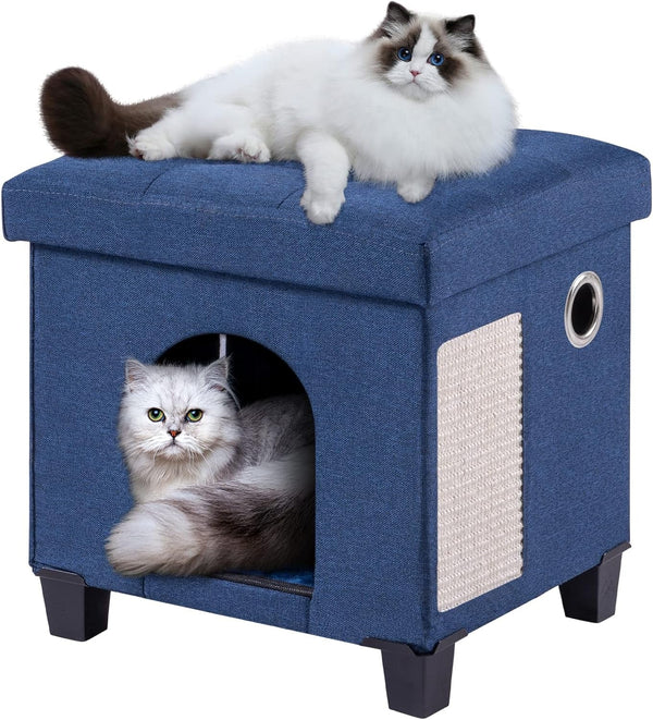 BRIAN & DANY Peșteră pliabilă pentru pisici mari, Casă pentru pisici cu zgârietură și minge de joacă, Taburet tip piept cu picioare din lemn 37 x 31,8 x 36 cm, Albastru