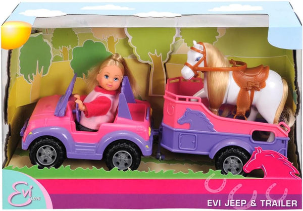 Simba 105737460 - Evi Love Evi Horse Trailer, cu jeep roz, pandantiv violet pentru cal și ponei, păpușă de îmbrăcat, 12 cm, pentru copii de la 3 ani în sus