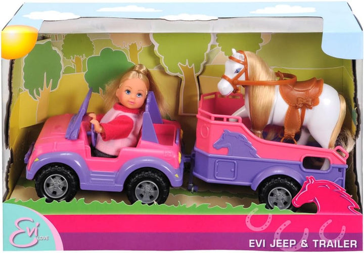 Simba 105737460 - Evi Love Evi Horse Trailer, cu jeep roz, pandantiv violet pentru cal și ponei, păpușă de îmbrăcat, 12 cm, pentru copii de la 3 ani în sus