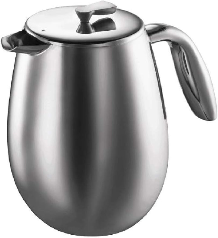 Presă franceză cu pereți dubli Bodum Columbia - 1L / 8 căni - Oțel inoxidabil lucios - Cafetieră lavabilă în mașina de spălat vase