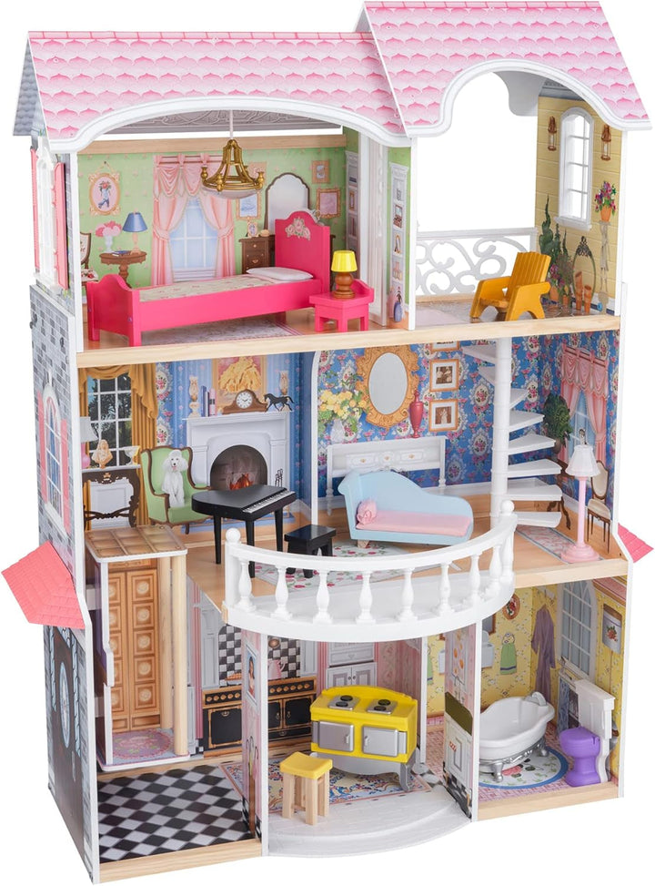 Casa de păpuși Kidkraft Magnolia Mansion din lemn cu mobilier și accesorii, set de joacă cu balcon și lift pentru păpuși de 30 cm, jucărie pentru copii de la 3 ani, 65907